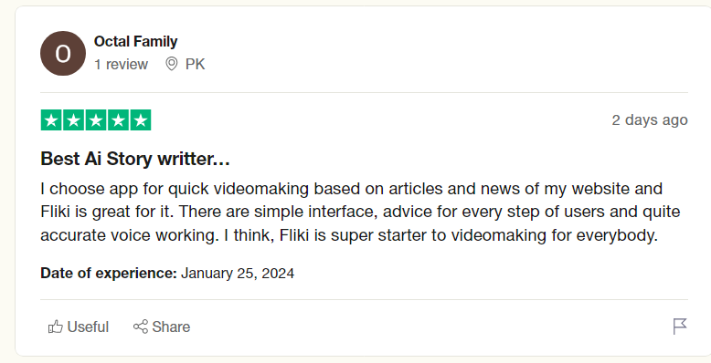 fliki ai review screenshot from trustpilot